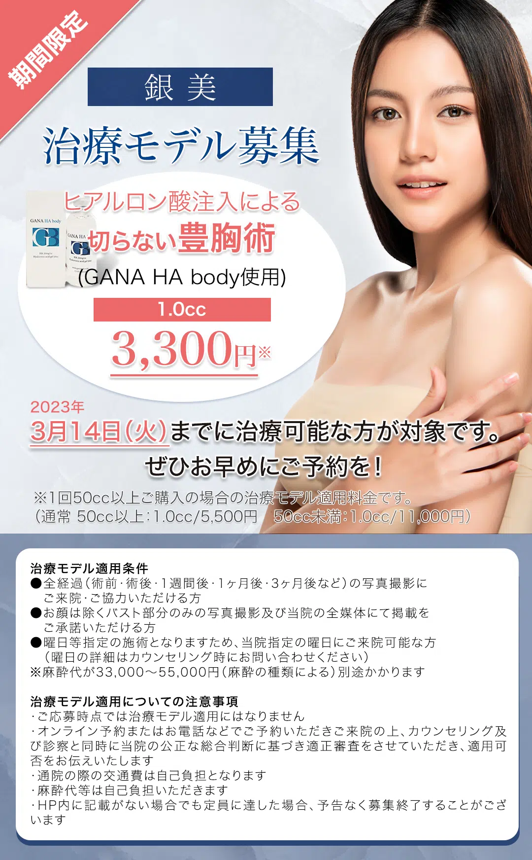 治療モデル募集　ヒアルロン酸注入による切らない豊胸術(GANA HA body使用)　1.0cc／3,300円